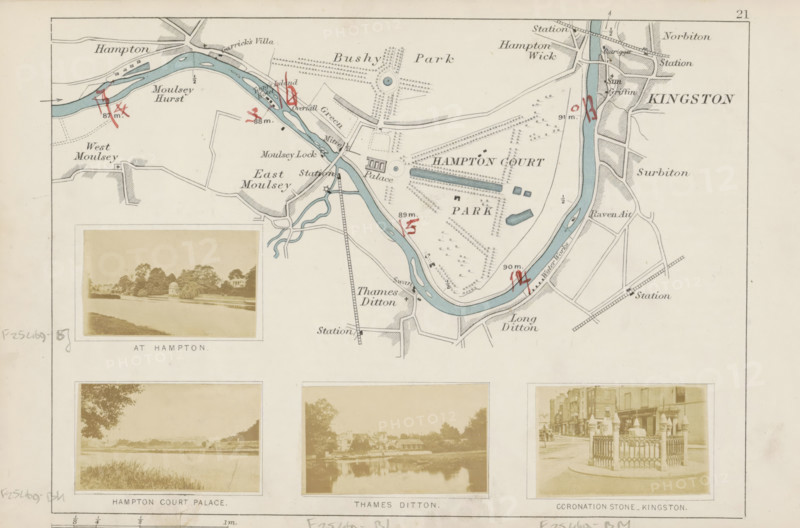 Hampton Court Palace, View of Hampton Court Palace across the Thames, photograph, page, photographer: Henry W. Taunt, Surrey, 1871, paper, albumen print, height 31 mm x width 53 mm, river, palace, Thames, Richmond upon Thames, Hampton (Richmond upon Thames), A faded printed map showing a river winding through labeled areas with shaded parkland and scattered trees, overlaid with small red handwritten marks; inset photographic sepia images below depicting riverside views with trees and buildings and a street corner with an ornamental stone and iron railings; thin black border lines and faint handwritten pencil marks along the page edges.