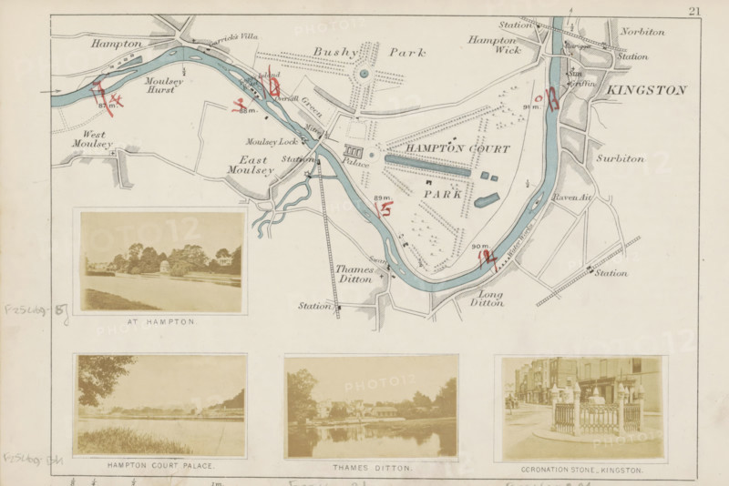 Thames Ditton, View of Thames Ditton, photograph, page, photographer: Henry W. Taunt, 1871, Surrey, paper, albumen print, albumendruk, height 31 mm x width 53 mm, river, Thames, A rectangular sheet showing an upper map of a river and surrounding land with colored waterways, hatched parkland, small building blocks, and red handwritten marks, and a lower strip containing three sepia photographic prints set in pale frames depicting a riverside scene with trees and a domed garden structure, a wide grassy riverbank view with trees, and a street corner with a fenced stone monument and shopfronts, all mounted on a pale background with faint pencil annotations at the margins.