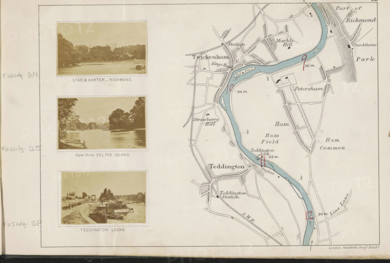 View across the Thames and the Royal Star and Garter Home in Richmond, Star and Garter, Richmond, photograph, page, photographer: Henry W. Taunt, Richmond upon Thames, publisher: Edward Stanford, London, 1871, paper, albumen print, height 31 mm x width 54 mm, river, rural housing, eg country-house, villa, cottage, Thames, The image shows a section of a printed map on the right with a pale blue river meandering vertically and black outlined streets, fields, and small building shapes on a cream background, with some red handwritten marks along the river; the left side displays three sepia-toned rectangular photographs stacked vertically each framed with thin white borders, depicting river scenes with trees, banks, boats, and docks, all mounted on the same cream paper with visible penciled marks along the left margin and a thin printed border around the page.