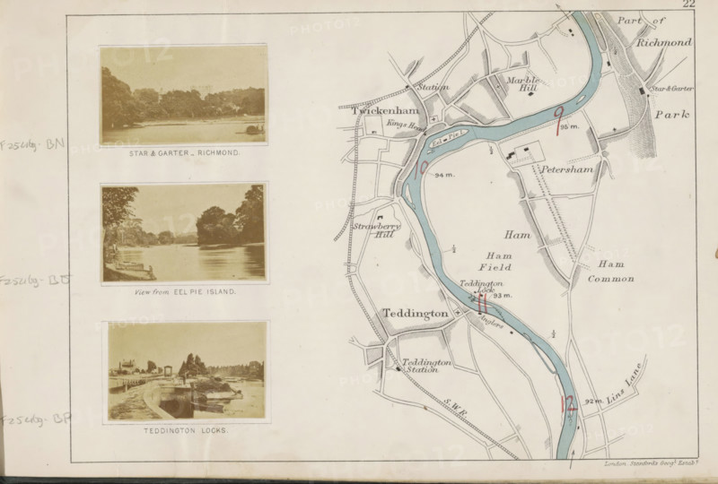 View from Eel Pie Island in the Thames, View from Eel Pie Island, photograph, page, photographer: Henry W. Taunt, Eel Pie Island, publisher: Edward Stanford, London, 1871, Richmond upon Thames, paper, albumen print, height 31 mm x width 53 mm, island, river, Thames, A pale map page shows a vertical strip of three sepia photographic vignettes on the left and a detailed river map on the right, with the river colored pale blue and winding from top to bottom; the photos depict riverside scenes with trees, banks, boats, a lock, and buildings, each framed by white borders and mounted against a cream background; the map area includes roads, fields, small building footprints, shaded hill textures, railway lines, and several hand-drawn markings in red and black, with fine inked outlines and hatched shading, and the whole composition is enclosed by a thin rectangular border.