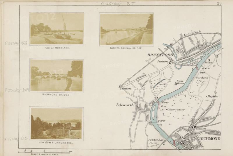 View at Mortlake, View of the Thames with boats on the bank at Mortlake, photograph, page, photographer: Henry W. Taunt, Mortlake, 1871, paper, albumen print, height 31 mm x width 54 mm, sailing-ship, sailing-boat, river, Thames, A cream-colored page divided into left and right sections, with the left side showing a vertical column of three rectangular sepia photographs each framed with thin borders and spaced within margins, the top photograph depicting a riverside scene with boats on a shoreline and buildings and trees in the background, the middle photograph showing an arched stone bridge across a calm river with trees along the bank, and the bottom photograph presenting a sloping path bordered by foliage leading toward distant water and trees; the right side displays a detailed printed map fragment featuring a winding blue river, stylized roads and pathways, clusters of small tree symbols, blocks of buildings and labeled map features, and scattered small numerical markers, all rend...
