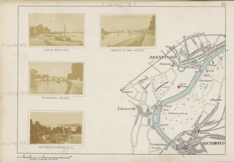 Richmond bridge, View of a bridge over the Thames in Richmond, photograph, page, photographer: Henry W. Taunt, Richmond (place), 1871, North America, Virginia, paper, albumen print, height 31 mm x width 53 mm, river, bridge, Thames, A page showing several sepia photographic panels on the left and a colored map on the right, with the photographs framed by thin borders and depicting riverside scenes with boats, bridges, trees, and pathways, and the map showing a winding blue river, roadways, parks, rail lines, and shaded areas with small symbols and labels; the page has a pale background with narrow ruled margins and small pencil marks near the edges.