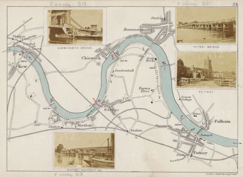 Hammersmith Bridge, View of the Hammersmith Bridge in London, photograph, page, photographer: Henry W. Taunt, London, publisher: Edward Stanford, 1871, paper, albumen print, albumendruk, height 31 mm x width 48 mm, river, bridge in city across river, canal, Thames, A printed map fragment showing a curving river shaded pale blue with surrounding roads and parcels outlined in black, handwritten red marks on and near the river, and small architectural sketches of bridges and a waterfront scene placed above and beside the map; the map area includes blocks of buildings, pathways, and labels omitted from description, and photographic vignettes with sepia tones showing bridge structures and a building with a tower, all mounted within rectangular frames on the map background.