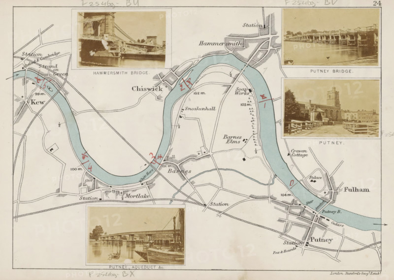 Putney, View of Putney, photograph, page, photographer: Henry W. Taunt, publisher: Edward Stanford, London, 1871, paper, albumen print, albumendruk, height 31 mm x width 52 mm, A faded printed map fragment showing a sinuous river colored pale blue with surrounding roads and parcel lines in black, small handwritten red marks at several points along the river, and pale beige photographic inset images of bridges and riverside scenes placed near the top and bottom edges; the map includes printed place names and small typographic labels in dark ink, dashed and solid lines denoting routes, scattered small black square and cross symbols, and areas shaded with thin hatch marks, all on an off-white background with a narrow printed border.