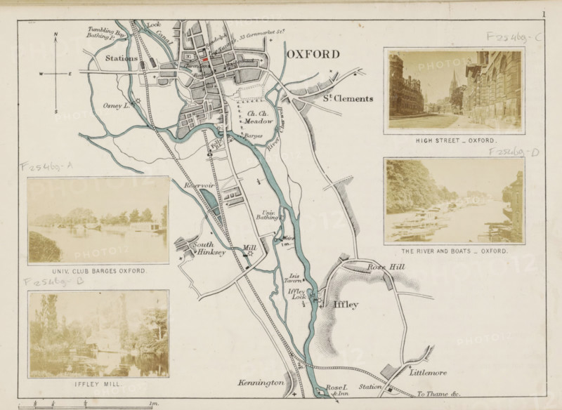 View of High Street in Oxford, High Street, Oxford, photograph, page, photographer: Henry W. Taunt, 1871, paper, albumen print, albumendruk, height 31 mm x width 51 mm, street, A vintage map segment with pale beige background showing a winding river highlighted in muted blue, adjacent land areas outlined in fine black lines and shaded hatching, and a network of roads and rail lines depicted as thin solid and dashed lines; inset rectangular sepia photographs are placed at the top right and left and lower left, each framed with narrow borders and showing streets, boats on water, and riverside scenes; architectural details of buildings, bridges, and a spire appear near the riverbanks on the map, along with small icons for mills and locks and clusters of trees rendered as stippled foliage; a compass rose appears near the upper left with directional arms, and handwritten pencil annotations are visible in several margins; decorative border lines enclose the map.