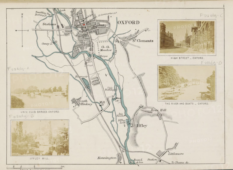 View of the Thames with boats at Oxford, The river and boats, Oxford, photograph, page, photographer: Henry W. Taunt, 1871, paper, albumen print, height 32 mm x width 53 mm, river, Thames, A printed map segment showing a stylized river and surrounding land with shaded waterways in blue and outlined roads and paths in black, interspersed with small rectangular blocks representing buildings and hatched areas indicating terrain; three sepia-toned photographic inserts framed with thin borders depict an urban street scene with tall stone buildings and a distant spire, a riverside view with boats moored along a tree-lined bank, and a riverside building reflected in calm water, all arranged around the map; handwritten pencil marks appear near the edges and small printed compass lines and directional markers are visible on the paper, which has a light beige background and a thin border around the whole sheet.