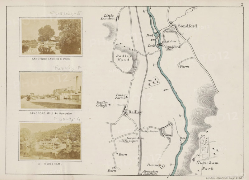 Sandford lasher and pool, View of a weir at Sandford, photograph, page, photographer: Henry W. Taunt, Sandford-on-Thames, 1871, Oxfordshire, paper, albumen print, albumendruk, height 31 mm x width 51 mm, sluice, weir, Thames, A portion of a printed map page with a pale background showing a vertical river colored pale blue running near the right edge and curving through the scene, flanked by thin black lines and small drawn features indicating terrain and structures; along the left side of the map are three sepia photographic inserts, each rectangular with a white border and showing landscape scenes with trees, water reflections, a bridge, and a mill building with a tall chimney, positioned one above the other; the map area includes hand-drawn roads, small building symbols, shaded hill textures, and a thin double-ruled border around the page.