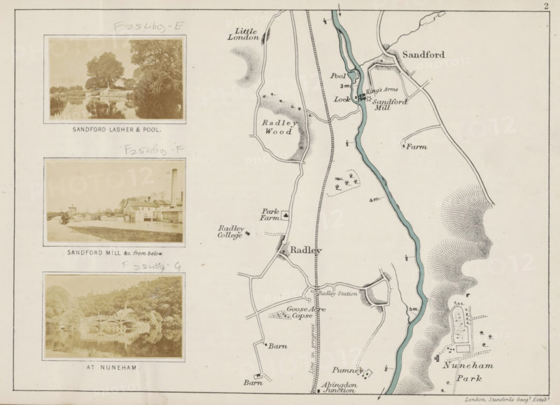 View of a bridge at Nuneham Courtenay, At Nuneham, photograph, page, photographer: Henry W. Taunt, Nuneham Courtenay, 1871, Oxfordshire, paper, albumen print, height 31 mm x width 53 mm, bridge, Thames, A faded printed map and photo montage on aged paper showing a vertical river tinted pale blue with irregular banks running near a winding road and scattered small building symbols, contour-style hatching indicating wooded or hilly areas along one side, and three sepia-toned rectangular photographs framed with thin borders along the left edge depicting riverside scenes with trees, bridges, a mill building with a tall chimney, and reflective water surfaces; faint pencil markings appear above and near the photos, and a thin black outer border frames the entire sheet.
