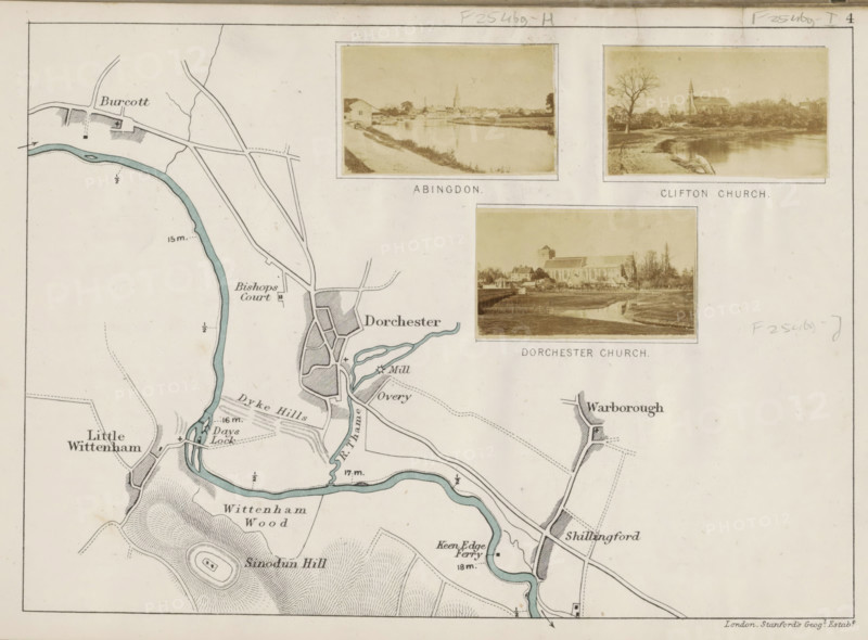 View of a church, probably on the Thames, Clifton church, photograph, page, photographer: Henry W. Taunt, England, 1871, paper, albumen print, albumendruk, height 32 mm x width 54 mm, river, Thames, A section of a printed map showing a winding river highlighted in pale blue, adjacent shaded and hatched areas indicating towns and roads, contour shading representing hills and woodlands, and three sepia photographic inserts framed with white borders positioned near the top edge depicting riverside views and church buildings; the map uses thin black lines for roads and boundaries, small schematic blocks for buildings, and light printed annotations placed near features, with a narrow decorative border around the sheet.
