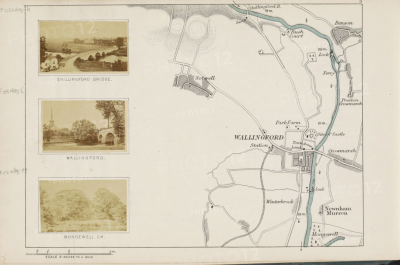 View of presumably a park in Mongewell, Mongewell Ch, photograph, page, photographer: Henry W. Taunt, Mongewell, 1871, Oxfordshire, paper, albumen print, height 31 mm x width 52 mm, river, park, Thames, A section of a printed map and three inset sepia-toned photographs are visible on a light background. The map portion shows a pale blue river running vertically with surrounding roads, shaded areas indicating built-up places, and dotted contour-like hatch marks in some fields; thin black lines depict roads and boundaries, and small rectangular and square building symbols are scattered near the river and roads. The left side contains three rectangular photo frames stacked vertically, each with a thin border and sepia images: the top photograph shows a multi-arched stone bridge crossing a river with grassy banks and distant trees; the middle photograph shows a riverside scene with an arched bridge, trees, and a church steeple rising behind foliage; the bottom photograph shows a wooded lan...