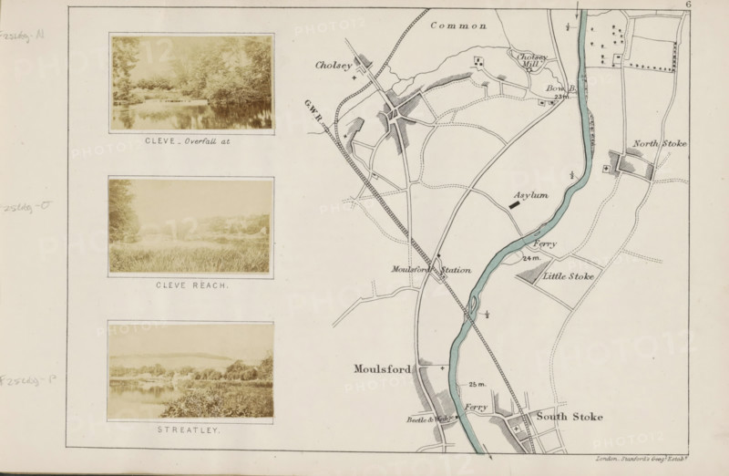 View of the Thames at Cleeve, Cleve _ overfall at, photograph, page, photographer: Henry W. Taunt, Oxfordshire, 1871, paper, albumen print, albumendruk, height 30 mm x width 52 mm, river, Thames, The image shows a section of a map on the right with a pale blue winding river, thin black roads and rail lines, hatched building plots, and various small rectangular and square structures, alongside shaded fields and dotted boundary lines; on the left are three sepia-toned landscape photographs each framed with white borders and mounted vertically, depicting tree-lined riverside scenes and grassy foregrounds with distant treed horizons; the whole composition is set on an off-white background with a simple thin border around the page.