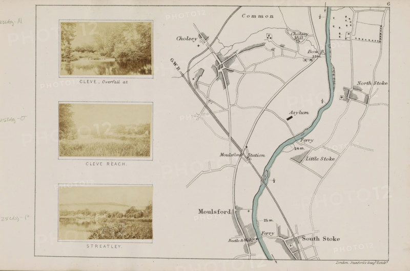 Cleve reach, View of the Thames at Cleeve, photograph, page, photographer: Henry W. Taunt, Oxfordshire, 1871, paper, albumen print, albumendruk, height 30 mm x width 53 mm, river, Thames, A pale cream page showing a partial printed map on the right with a sinuous blue river, thin black roads and field boundaries, small shaded building footprints and hatched areas, and three small sepia landscape photographs mounted in rectangular frames along the left edge, each photograph depicting tree-lined river scenes with reflections and grassy banks, all set within thin pale borders and surrounded by blank margins.
