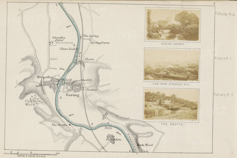 Goring church, View of a church in Goring-on-Thames, photograph, page, photographer: Henry W. Taunt, Goring-on-Thames, 1871, Oxfordshire, paper, albumen print, albumendruk, height 30 mm x width 51 mm, river, church (exterior), Thames, A section of a map with a sinuous blue river running vertically and bordered by shaded contour lines indicating hills, roads and pathways drawn as thin lines, and small rectangular and cross-shaped building symbols; a narrow vertical strip on the right contains three sepia photographic panels showing landscapes with trees, buildings near water, and rolling fields, each photo framed and mounted on a pale background; the map area includes scattered clusters of trees, a church-like building symbol, a railway line running parallel to the river, locks and ferry markings illustrated near the water, small parcels of cultivated land, and hand-drawn shading to show terrain; the overall sheet has a thin border and a small scale bar along the bottom edge.