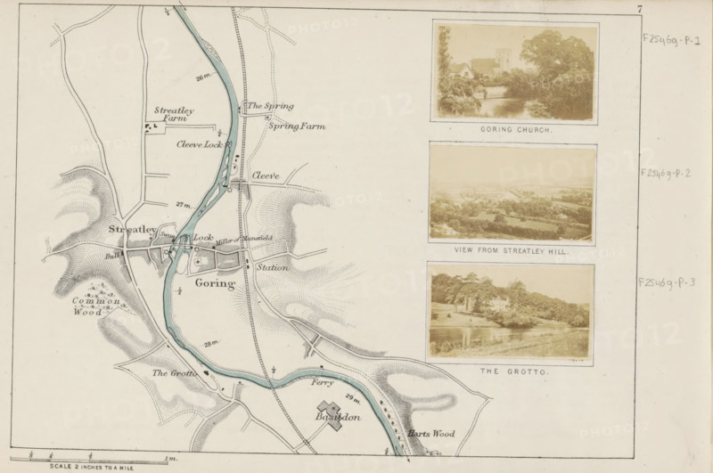 View from Streatley Hill, photograph, page, photographer: Henry W. Taunt, Streatley, 1871, Berkshire, paper, albumen print, albumendruk, height 30 mm x width 53 mm, river, (high) hill, Thames, A portion of a printed map showing a winding river highlighted in pale blue running vertically with surrounding contour shading and drawn roads, bridges, and small building outlines on a light beige background; the left side includes shaded hill textures and wooded areas while the right side has three sepia photographic prints framed with pale borders depicting landscape scenes with trees, water, and buildings stacked vertically, separated by thin ruled lines; narrow margins surround the whole sheet with faint handwritten markings in the right margin.