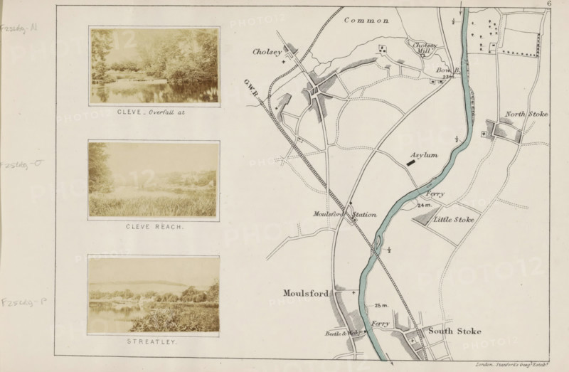 View of Streatley across the Thames, Streatley, photograph, page, photographer: Henry W. Taunt, 1871, Berkshire, paper, albumen print, height 30 mm x width 53 mm, river, Thames, A pale map with a vertical river shaded in blue runs near the right edge, bordered by thin outlined fields and dotted paths, with small shaded blocks indicating buildings and hatched areas suggesting land features; a diagonal rail line crosses the map and meets roads drawn as thin solid lines, and small rectangular photographs with light brown landscapes are aligned along the left side, each showing trees, grassy banks, and reflective water surfaces framed by thin borders.