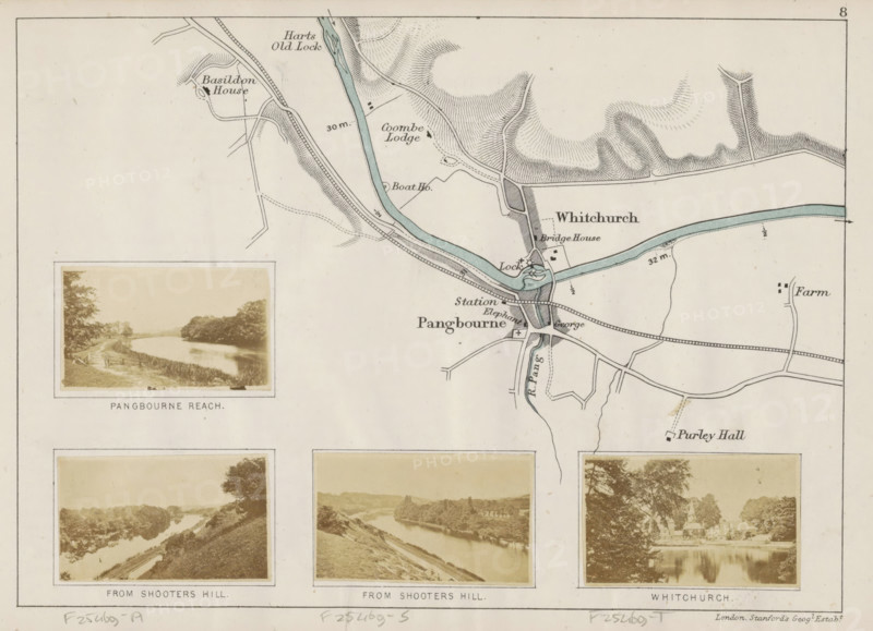 Pangbourne reach, View of the Thames at Pangbourne, photograph, page, photographer: Henry W. Taunt, Pangbourne, publisher: Edward Stanford, London, 1871, Berkshire, paper, albumen print, height 30 mm x width 50mm, river, Thames, A rectangular print showing the upper portion of a map with a winding pale blue river, surrounding shaded contour markings and roads, a small cluster of dark building shapes near a bridge and lock, and a boxed sepia photograph inset at the left depicting a riverside path lined with trees and a still water surface; below the map are three sepia landscape photographs side by side showing river views with banks, trees, paths and reflections, all images framed with thin borders on a light background.