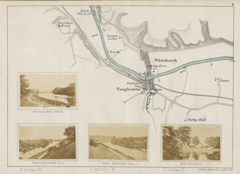 Whitchurch, View of Whitchurch, photograph, page, photographer: Henry W. Taunt, publisher: Edward Stanford, London, 1871, paper, albumen print, height 32 mm x width 53 mm, river, city view, and landscape with man-made constructions, Thames, A sheet showing a map segment at the top right with a pale blue river winding through shaded contour hills and inked roads and tracks, a clustered village area with small rectangular buildings and bridges, and a lock and channel detail; to the left of the map a small sepia photograph framed with a white border depicting a tree-lined riverbank with a grassy path and water reflecting the sky; below the map three sepia landscape photographs in white frames showing river views with trees and banks from elevated angles, each photograph bordered by a thin lined rectangle, all elements arranged on a cream paper background with a narrow rectangular outer border.