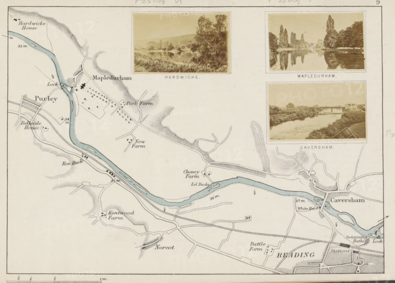 Mapledurham, View of Mapledurham across the Thames, photograph, page, photographer: Henry W. Taunt, 1871, Oxfordshire, paper, albumen print, height 31 mm x width 51 mm, river, Thames, A large section of a vintage map with a river shaded pale blue winding across a cream background, surrounded by finely drawn contour lines and roadways, small building symbols, and farm plots; three rectangular sepia photographs with thin borders are arranged near the top showing tree-lined river scenes and a bridge over water, each mounted above labeled captions that are not described; the map includes various small symbols, dots indicating clusters, and hand-drawn shading to show elevation, with a decorative border visible around the edges.