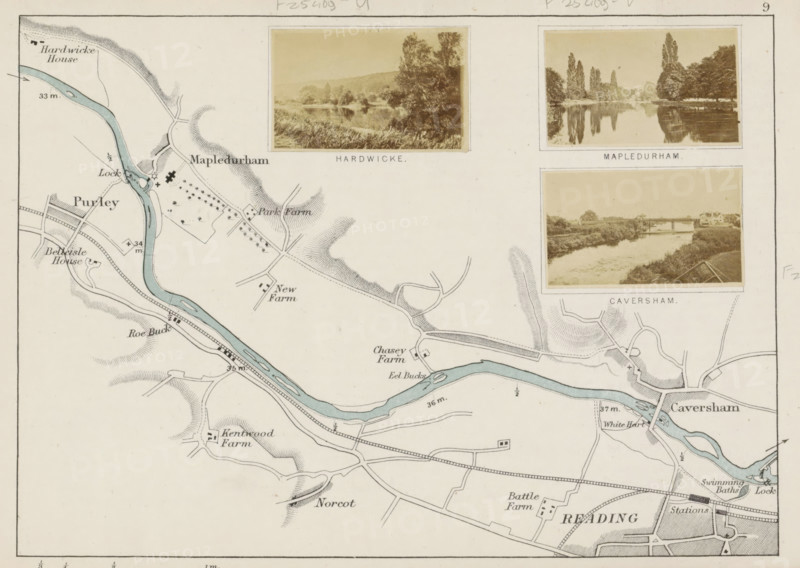 Caversham, View of a bridge over the Thames at Caversham, photograph, photographer: Henry W. Taunt, 1871, paper, albumen print, height 31 mm x width 53 mm, river, bridge, Thames, A pale printed map showing a winding blue river flowing across a light cream background with surrounding contour shading and thin black roads and tracks, with small black building outlines and clusters of tiny dots indicating vegetation; three sepia photographic insets sit near the top edge, each bordered by thin rectangular frames and depicting riverside scenes with trees, grass, and a bridge in one inset; map symbols include small crosses and square markers, and various hand-drawn hachure shading indicates elevation around the river bends.