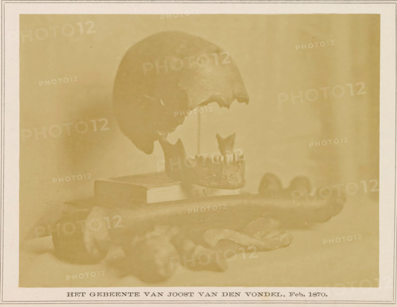Bones of Joost van den Vondel, The Bones of Joost van den Vondel, Feb. 1870, photograph, page, photographer: P. Oosterhuis, 1870-02, paper, albumen print, height 125 mm x width 165 mm, (human) skull, (human) skeleton, A sepia-toned photograph shows a human skull displayed in profile with the cranium elevated above the jaw, which is positioned slightly forward and rests near a rectangular book-like object; the skull and jaw appear aged and fragmented with missing sections and rough edges, and the objects sit on a flat surface with indistinct rounded forms nearby, all framed by a plain background and a bordered mat surrounding the image.