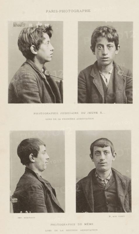 Photographe judiciair du jeune x, Photographie du même, Portraits of a juvenile criminal, made after his first and after his second arrest, page, photomechanical print, inscription: 'lors de sa première arrestation lors de la second arrestation', France, printer (person): Michel Berthaud, Paris, c. 1881 - in or before 1891, printer (person), paper, collotype, photoprint, height 270 mm x width 173 mm, Prints after page 102., criminals, A vertical sheet with four black and white portrait photographs arranged in two rows showing two young men photographed both in profile and facing forward; the top row shows a young male with tousled hair wearing a jacket in a left-profile shot and the same male facing forward with a neutral expression, and the bottom row shows a different young male with short hair in a left-profile shot and the same second male facing forward with a faint mustache and a slightly open-collared shirt; the portraits have plain neutral backgrounds and each subject wears dar...