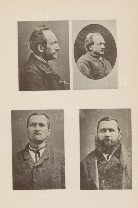 Portraits of two criminals, with and without beards, page, photomechanical print, France, c. 1881 - in or before 1891, paper, collotype, photogravure, height 272 mm x width 173 mm, Prints for page 103., criminals, A vertically oriented page with four rectangular black-and-white portrait photographs arranged in two rows, the top row showing a left-profile portrait of a man with short hair and facial hair in a dark coat on the left and an oval-framed three-quarter view of a man with wavy hair and a textured jacket on the right, and the bottom row showing two frontal portraits of men wearing jackets and neckties, the left man with a clean-shaven face and a slight downward mouth expression and the right man with a full beard and mustache, both images surrounded by a wide pale margin.