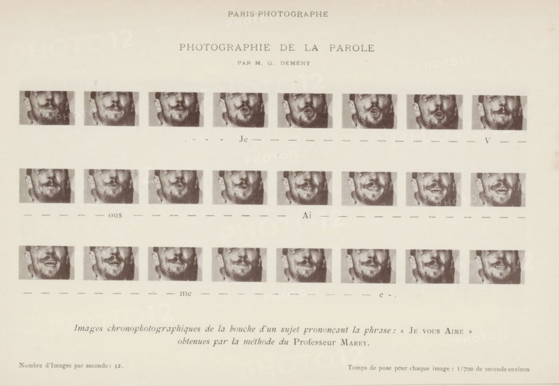 Sequence of the Mouth Pronouncing the Sentence 'Je vous aime' (I love you), page, photomechanical print, inscription: 'Nombre d'Images par second: 12. Temps de pose pour chaque image: 1, 700 de second environ', photographer: Georges Demenÿ, France, cliché maker: anonymous, c. 1891, Georges Demenÿ, photographer, cliché maker, paper, collotype, photoprint, height 180 mm x width 272 mm, Prints opposite page 306., speaking, mouth, A beige sheet showing a grid of black-and-white headshot photographs of a man with a mustache and beard arranged in horizontal rows, with each small rectangular portrait capturing different mouth shapes and facial expressions, separated by pale margins and evenly spaced across the page, with faint dashed lines and occasional small printed letter fragments between rows, and a narrow strip of small printed text centered near the bottom edge.