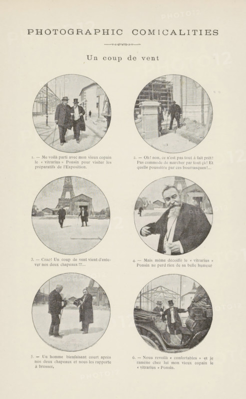 Un coup de vent, Cartoon about two men who lose their hats during a storm, page, photomechanical print, number: '1., 6.', inscription: 'Me voilà, le 'vitrarius' Ponsin.', inscription: 'Photographic comicalities', Paris, cliché maker: Michelet, M., France, c. 1881 - in or before 1891, photographer, paper, autotypie, height 270 mm x width 182 mm, head-gear: top hat, storm, A vertically oriented page shows six circular black-and-white photographic vignettes arranged in two columns and three rows on a light background; the top area contains a large centered heading in uppercase followed by a smaller decorative element and a line of smaller type, none of which are described in detail. The top-left vignette depicts two men walking side by side along a snow-covered pathway near a building and structural framework, one man holding a cane and both wearing long coats and hats. The top-right vignette shows a man near a construction-like scene with scaffolding and a pile of snow or debris, standin...