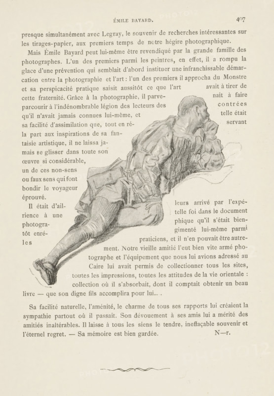Photo reproduction of a drawing depicting a reclining man, reproduction, page, photomechanical print, photographer: Eugène Pirou, France, cliché maker: anonymous, c. 1881 - in or before 1891, paper, autotypie, height 105 mm x width 115 mm, lying figure, A sepia-toned page shows a reclining male figure sketch occupying the center right, wearing loose, layered clothing with a textured, shaded rendering; he is propped on one elbow with his head turned to the side and his legs extended, one foot visible with a shoe, and the drawing overlaps printed columns of text on a pale background with a decorative flourish near the bottom.
