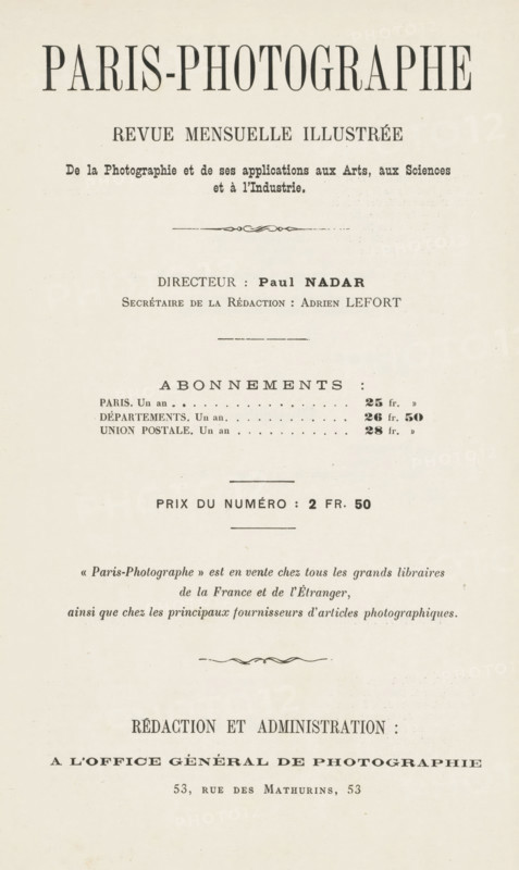 Paris-Photographe première année 1891 No 9, page, magazine, 1891, paper, engraving, printing, autotype, photoaquatint, collotype, height 272 mm x width 180 mm x thickness 6 mm, Magazine is in a binder., A vertically oriented page with a cream background and black printed elements arranged in centered lines, featuring several horizontal decorative lines and a small ornamental flourish, with varying sizes of serif type creating a hierarchy of headings and smaller blocks of text, and with generous margins around the content.