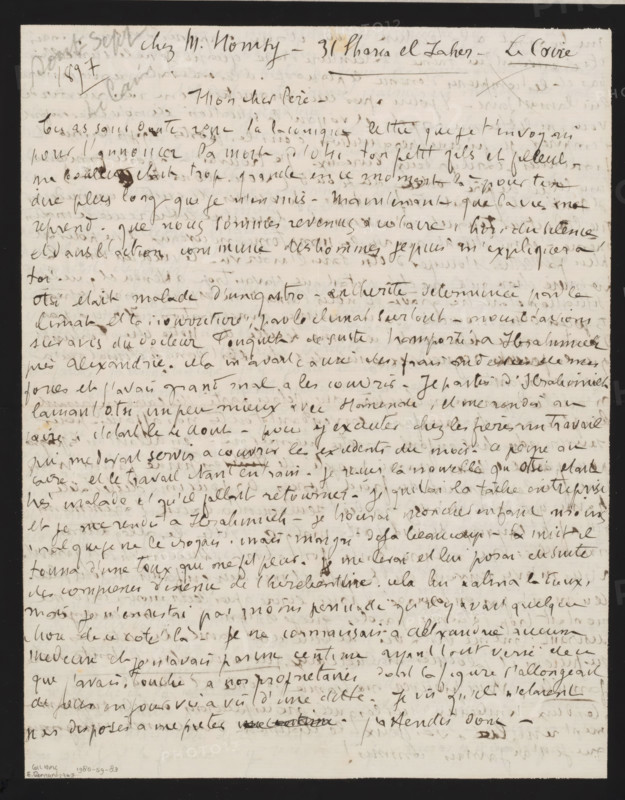 Letter to Emile Ernest Bernard, letter, Letter dated Aout-Sept 1897 in later hand., writer (clerical worker): Émile Bernard, Cairo (city), 1897, writer (clerical worker), Ottoman Empire, North Africa, materials by function, paper, ink, writing (processes), pen, height 425 mm x width 425 mm, Person, Emile Ernest Bernard, A single sheet of aged paper with dense handwritten cursive text filling most of the page, darker ink strokes and occasional blotches visible across the writing, a darker border surrounding the sheet, and slightly uneven margins with faint ruling lines and areas of lighter smudging.