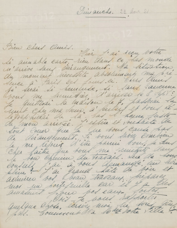 Letter to Philip Zilcken, letter, writer (clerical worker): Rose Imel, 1911 - 1930, writer (clerical worker), paper, materials by function, lined paper, ink, writing (processes), pen, height 425 mm x width 425 mm, Person, Philip Zilcken, the graphic arts, Paris, Antwerp, A sheet of lined paper filled with cursive handwriting in dark ink, with writing covering most of the page and varying in slant and pressure; the paper shows faint horizontal lines and a vertical crease near the center, with tiny scattered spots and areas of light discoloration; the top of the page has a short underlined word written more prominently than the rest, and the ink appears slightly faded in places while darker and bolder in others, creating an overall textured, handwritten appearance.