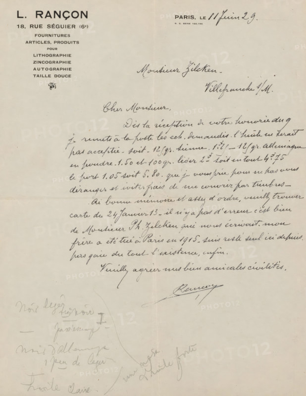 Letter to Philip Zilcken, letter, Letter contains note from Philip Zilcken., writer (clerical worker): L. Rançon, Paris, 1929-06-11, writer (clerical worker), draftsman (artist), materials by function, paper, ink, pencil, writing (processes), pen, printing, height 425 mm x width 425 mm, Person, Philip Zilcken, A vertically oriented aged sheet of paper with printed letterhead in the top left and a small printed section at the top right, filled with flowing cursive handwriting across the upper two thirds of the page; the left side of the sheet shows a small decorative emblem beneath the printed heading. The paper has a central vertical fold and a horizontal fold lower on the page, with faint discoloration and small scattered spots. The lower half contains light pencil scribbles and sketches in a slanted arrangement, including a curved line connecting several annotations and faint erased marks. Towards the bottom center there is a bold cursive signature with an underline and a few stray p...
