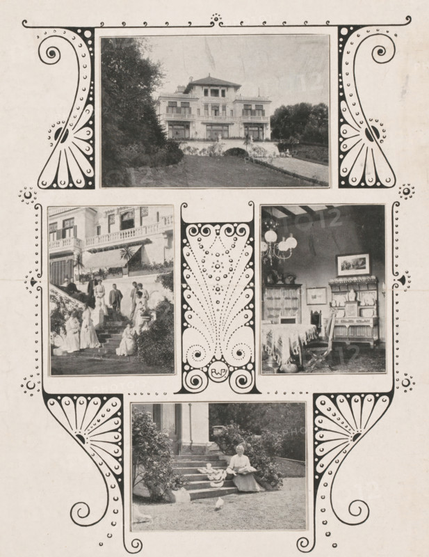 Four depictions of the exterior and interior of Villa Corvin in Hilversum, photomechanical print, collector's mark: 'R:MVS.', annotation: 'villa Corvin, Hilversum', cliché maker: Reinier Willem Petrus de Vries (1874-1953), 1884 - 1952, Reinier Willem Petrus de Vries (1874-1953), cliché maker, paper, autotype, printing block, autotype depictions, cliché ornament border, height 239 mm x width 176 mm, flowers, ornament, villa, A vertically arranged collage of black and white photographs framed by decorative black ornamental borders, the top image showing a large multi-story house with a central tower, flanked by trees and set behind a lawn and driveway, below and to the left a photograph of a group of people on exterior steps beside a building with balustrades and plants, to the right an interior scene with a table covered by a cloth, chairs, a cabinet, framed pictures on the wall, and a chandelier, centered between those images an ornate vertical decorative panel, and below them a photog...