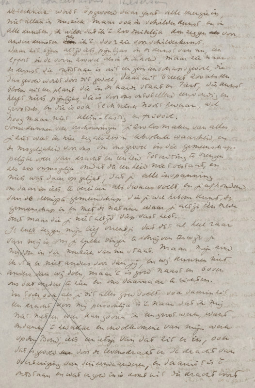 Letter to Ina van Eibergen Santhagens-Waller, letter, Dated Oct 1907 in later hand., writer (clerical worker): Richard Nicolaüs Roland Holst, c. 1878 - 1938, writer (clerical worker), materials by function, paper, ink, writing (processes), pen, height 425 mm x width 425 mm, Person, Alphons Diepenbrock, Frederik van Eeden, Ina van Eibergen Santhagens-Waller, artist's model, sitter, painting (including book-illumination, miniature-painting), photography, cinematography, music, passions, emotions, affections, Amsterdam, Hilversum, Huizen, Carré, Koninklijk Theater, A sheet of aged paper with a dense arrangement of handwritten cursive lines covering most of the surface, the ink varying slightly in tone and intensity; the handwriting slants and flows across the page with occasional darker strokes and lighter faded areas, and there are visible creases and subtle stains on the paper giving it a worn, textured appearance; near the lower left a large diagonal cross has been drawn over part of t...