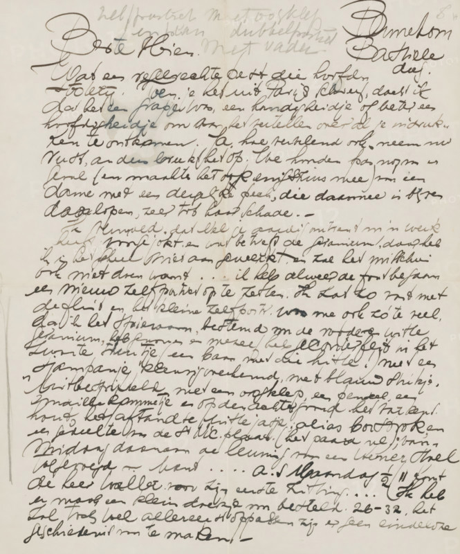 Letter to Mien Cambier van Nooten, letter, Letter dated 'Bastille Day' (July 14)., writer (clerical worker): Dick Ket, Bennekom, 1912 - 1940, writer (clerical worker), draftsman (artist), materials by function, paper, ink, writing (processes), pen, height 425 mm x width 425 mm, Person, Edgar Degas, Nelly Johanna Hagelen-Schilt, Paul Gauguin, Mien Cambier van Nooten, portrait, self-portrait of artist, historical persons (portraits and scenes from the life), music, brushes, implements of painter, Paris, A sheet of paper filled edge to edge with dense cursive handwriting in dark ink, showing variations in ink darkness and pressure, with overlapping lines and occasional heavier strokes; the paper has a vertical fold line near the center and faint crease marks, and there are small smudges and areas where ink appears blotted or doubled; the handwriting slants and varies in size across the page, with larger looping script near the top and more compact writing toward the middle and bottom; mar...