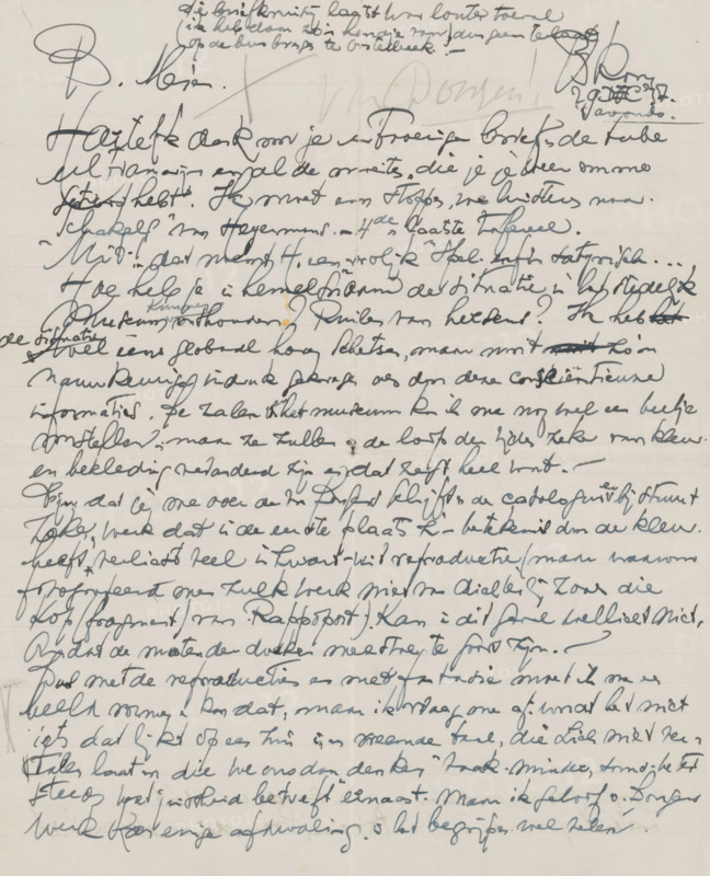 Letter to Mien Cambier van Nooten, letter, writer (clerical worker): Dick Ket, Bennekom, 1937-12-29, writer (clerical worker), draftsman (artist), paper, materials by function, lined paper, ink, writing (processes), pen, height 425 mm x width 425 mm, Person, Gustave Flaubert, Herman Heijermans, Kees van Dongen, Stedelijk Museum (Amsterdam), Honoré de Balzac, Mien Cambier van Nooten, literature, arts, container of glass: bottle, jar, vase, painting (including book-illumination, miniature-painting), A sheet of lined paper filled with dense cursive handwriting in dark ink covering nearly the entire page, with a variety of pen strokes ranging from thin to thick and several darker scribbles and signatures near the top; the paper shows a vertical fold line down the center and faint horizontal lines from the page ruling; there are small smudges and tiny spots of discoloration in places, and the ink varies in intensity across the sheet.