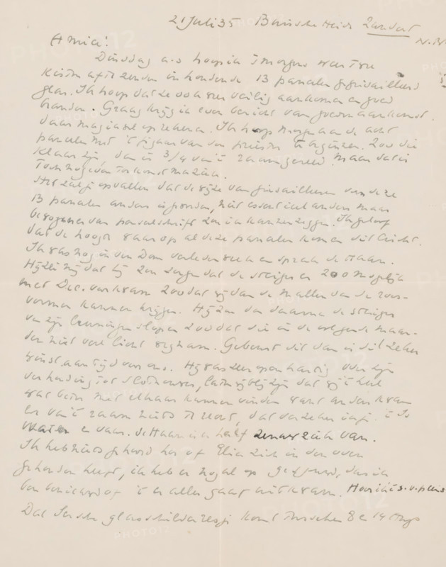 Letter to Willem Bogtman, letter, watermark, writer (clerical worker): Richard Nicolaüs Roland Holst, Zundert, 1935-07-21, writer (clerical worker), materials by function, paper, ink, writing (processes), pen, height 425 mm x width 425 mm, Person, Willem Bogtman, Dirk Frederik Slothouwer, Mr. de Haan, applied arts, arts and crafts, industrial design, Utrecht, Dom van Utrecht, Domkerk (Utrecht), A single sheet of aged paper covered with cursive handwriting in pencil across the page, with lines of script filling nearly the entire surface and a faint vertical crease near the center; the handwriting varies in darkness and pressure, showing some darker strokes and lighter, more faded areas, and there are small smudges and faint stains on the paper surface; the paper has a warm, slightly yellowed tone and visible subtle texture.