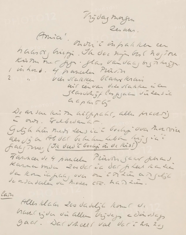 Letter to Willem Bogtman, letter, writer (clerical worker): Richard Nicolaüs Roland Holst, 1935, writer (clerical worker), materials by function, paper, ink, writing (processes), pen, height 425 mm x width 425 mm, Person, Willem Bogtman, applied arts, arts and crafts, industrial design, Utrecht, Utrecht Cathedral, Domkerk (Utrecht), Montoire-sur-le-Loir, A cream-colored sheet fills the frame with flowing dark handwriting across it, the ink varying in thickness and darkness. The page shows a vertical crease down the center and a faint horizontal fold near the middle, creating subtle shadows. Handwritten lines slope across the sheet in a loose, cursive style with occasional underlines and small clusters of denser writing. The ink appears darker in some strokes and lighter in others, giving a textured, organic look to the script. Margins are irregular, with writing extending close to the edges in places and more open space elsewhere. Overall the image shows a single worn sheet with visibl...