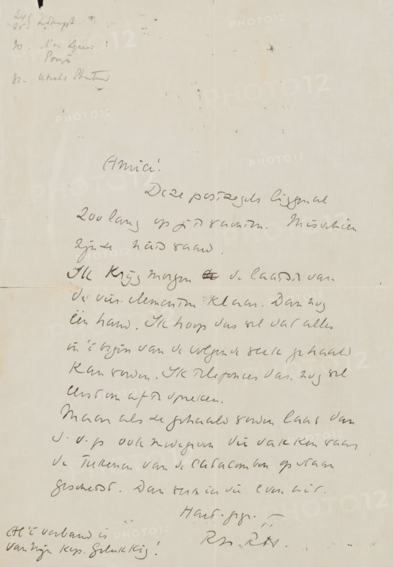 Letter to Willem Bogtman, letter, writer (clerical worker): Richard Nicolaüs Roland Holst, after 1925-08-31, writer (clerical worker), materials by function, paper, ink, writing (processes), pen, height 425 mm x width 425 mm, Person, Willem Bogtman, drawing, A sheet of aged paper with handwritten cursive lines filling the center and lower portions, the ink varying in darkness and thickness and showing some blotches and smudges; the paper has a vertical crease near the middle and a horizontal crease across the lower third, with small spots, stains, and faint discolorations scattered across the surface; the top left corner contains faint scribbles and a dark ink blot, while the bottom left and right margins show darker handwritten marks and a small tear near one fold; overall the page appears worn and slightly yellowed with visible texture and subtle shadows along the folds.