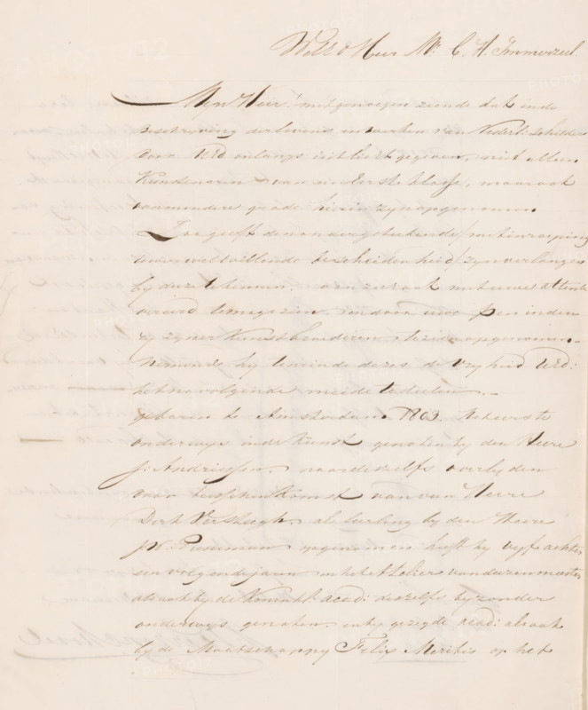 Letter to Christiaan Immerzeel, letter, writer (clerical worker): Izaak Vaarzon Morel, Gorinchem, 1842-09-14, writer (clerical worker), materials by function, paper, ink, writing (processes), pen, height 425 mm x width 425 mm, Person, Jan Willem Pieneman, Jurriaan Andriessen, Christiaan Immerzeel, Rijksakademie van Beeldende Kunsten, education, tuition of the artist (in general), workshop, studio of the artist (in general), drawing, painting (including book-illumination, miniature-painting), A photograph of a sheet of aged paper covered in flowing cursive ink handwriting, with dark brown pen strokes varying in thickness across the page, faint horizontal guide lines visible beneath the writing, several small ink blotches and smudges, and a pale cream background showing subtle discoloration and creases.