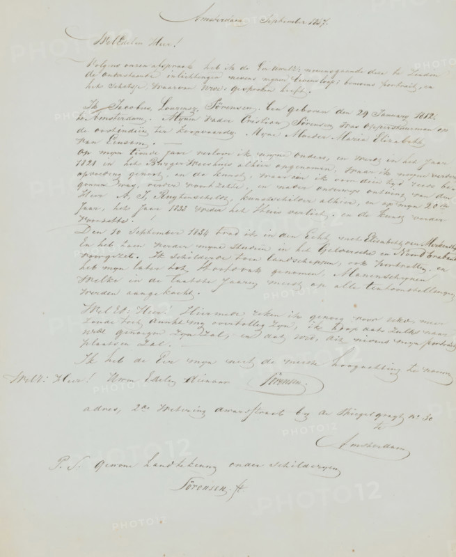 Letter to Christiaan Immerzeel, letter, writer (clerical worker): Jacobus Sörensen, Amsterdam, 1847-09, writer (clerical worker), materials by function, paper, ink, writing (processes), pen, height 425 mm x width 425 mm, Person, Christiaan Immerzeel, education, tuition of the artist (in general), drawing, historical persons (portraits and scenes from the life), painting (including book-illumination, miniature-painting), A pale sheet filled with dense, flowing cursive handwriting across the upper and middle areas, written in brown ink with elegant loops and flourishes, leaving the lower portion mostly blank; the paper shows faint age spots and slight discoloration, with a few darker inked signatures and a small oval flourish near the center, and a subtle border of light shadows around the edges.