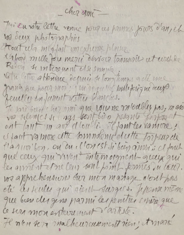Letter to Andries Bonger, letter, watermark, writer (clerical worker): Émile Bernard, Cairo (city), in or before 1895-01-14, writer (clerical worker), Ottoman Empire, North Africa, materials by function, paper, ink, writing (processes), pen, height 425 mm x width 425 mm, Person, Rembrandt van Rijn, Andries Bonger, Pierre Renoir, Albrecht Dürer, Michelangelo, Odilon Redon, Mercure de France, Julien Tanguy, Ernest Hello, Ivan Gustaf Aguéli, Werner von Hausen, Paul Gavarni, photography, cinematography, Paris, A sheet of off-white paper covered edge-to-edge with dense cursive handwriting in dark ink, with lines of script varying in thickness and opacity, some areas appearing more faded and smudged than others, and faint impressions of writing visible on the reverse showing through; there are small blotches and spots of purple ink in a few places, a slight vertical crease near the center, and the overall surface shows subtle paper texture and slight discoloration giving an aged appearance.