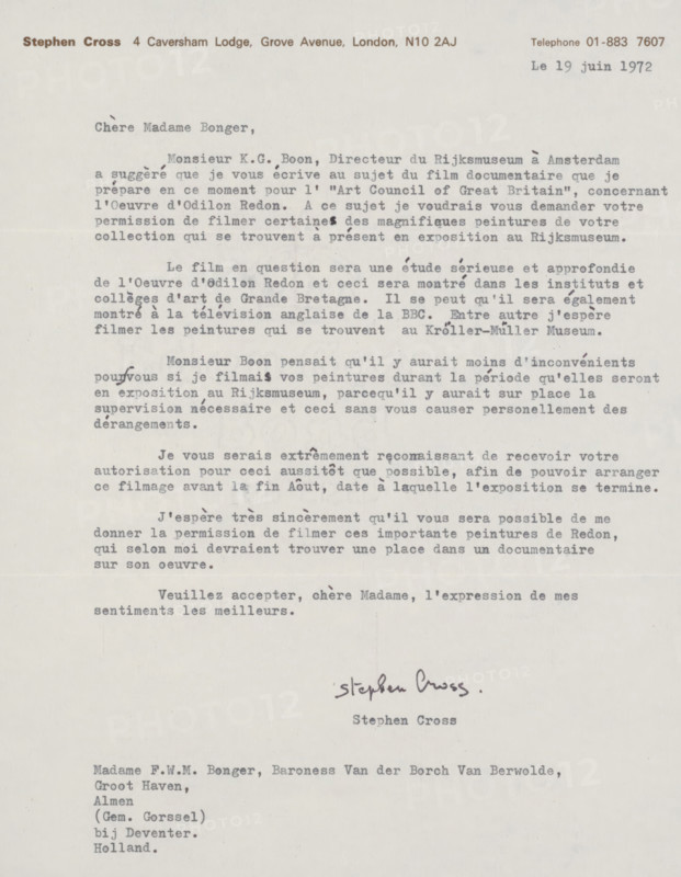 Letter to Françoise WM Bonger, letter, watermark, writer (clerical worker): Stephen Cross, London, 1972-06-19, writer (clerical worker), materials by function, paper, ink, typewriting, writing (processes), pen, printing, height 425 mm x width 425mm, A typed letter on off-white paper with a printed letterhead at the top left and typed lines across the page, showing a salutation near the top and multiple short paragraphs of typed text filling the central area, a handwritten signature and a printed name centered below the body of the letter, and an address block typed near the lower left, all against a plain background.
