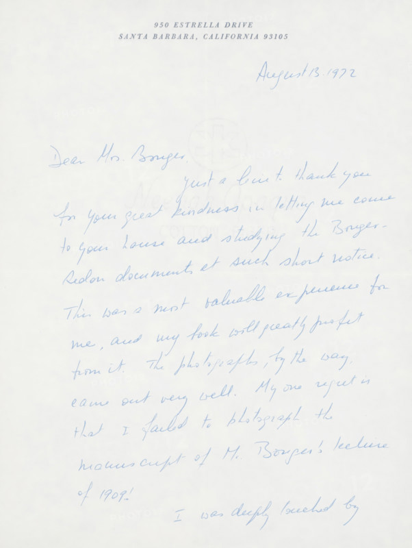 Letter to Françoise WM Bonger, letter, watermark, writer (clerical worker): Henri Dorra, Santa Barbara, 1972-08-13, writer (clerical worker), North America, California, materials by function, paper, ink, writing (processes), pen, printing, height 425 mm x width 425 mm, Person, Andries Bonger, Odilon Redon, Françoise WM Bonger, photography, cinematography, A sheet of pale stationery with a printed heading centered near the top and a handwritten date in blue ink toward the upper right; the body of the page contains cursive handwriting in blue ink arranged in slanted lines across the sheet; a faint circular embossed seal is visible near the center; the paper shows a subtle vertical fold crease down the middle and slight texture throughout.