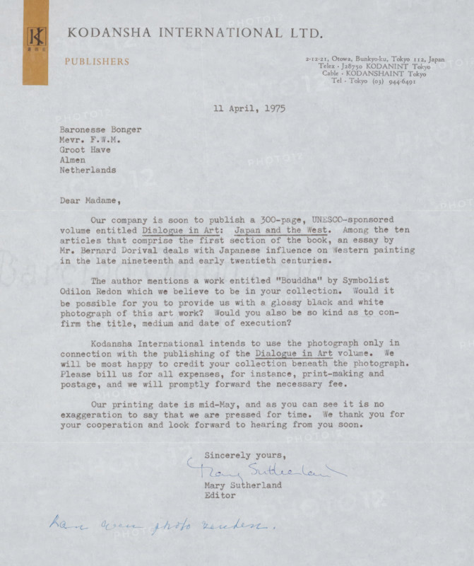 Letter to Françoise WM Bonger, letter, writer (clerical worker): Kodansha International Ltd., Tokyo, writer (clerical worker): Mary Sutherland, 1974-07-26, writer (clerical worker), Kanto, materials by function, paper, ink, typewriting, writing (processes), pen, printing, height 425 mm x width 425 mm, Person, Odilon Redon, Françoise WM Bonger, art collecting, photography, cinematography, printed matter, A pale sheet of paper with a company letterhead at the top left featuring a vertical ochre rectangle and a small dark square emblem, a large bold company name centered near the top, and a block of smaller text at the top right; typed lines of correspondence occupy the upper and middle portions of the page, with several paragraphs of justified type and a few indented lines, and a typed sign-off near the lower middle above a blue handwritten signature; faint horizontal fold lines run across the paper and the background shows a subtle textured pattern.