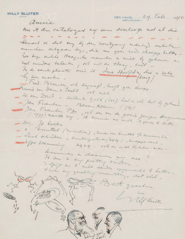 Letter to anonymous, letter, watermark, writer (clerical worker): Willy Sluiter, The Hague, 1940-02-29, writer (clerical worker), draftsman (artist), inorganic material, materials by function, paper, ink, chalk, writing (processes), pen, printing, height 425 mm x width 425 mm, Person, Lucie van Dam van Isselt, Ina Hooft, Jan Franken, Jo Koster, Jan Pzn. Franken, Willem van Dort, Fred Brouwer, Pulchri Studio, Sierk Schröder, Ype Wenning, historical persons (portraits and scenes from the life), glass of wine, A sheet of paper with handwritten cursive lines across the upper two thirds, featuring a printed name in the top left and a printed location in the top right, several short horizontal marks in a colored pencil scattered down the left margin and underlining one line of handwriting, small doodle-like sketches in the lower left of stylized objects and shapes with colored accents, and three roughly sketched male figures in the lower center drawn in ink with minimal shading.