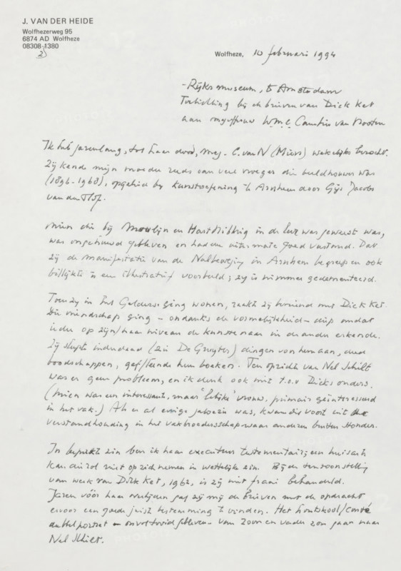 Letter to Rijksmuseum Amsterdam, letter, Two small notes are kept with the letter., writer (clerical worker): J. van der Heide, Wolfheze, 1994-02-10, writer (clerical worker), materials by function, paper, ink, writing (processes), pen, printing, height 425 mm x width 425 mm, A sheet of paper with a printed header in the top left and a handwritten letter filling most of the page, the handwriting appearing cursive and slanted, written in dark ink or pencil with varying pressure and some crossed-out marks, margins visible around the text, and slight paper texture and faint creases.