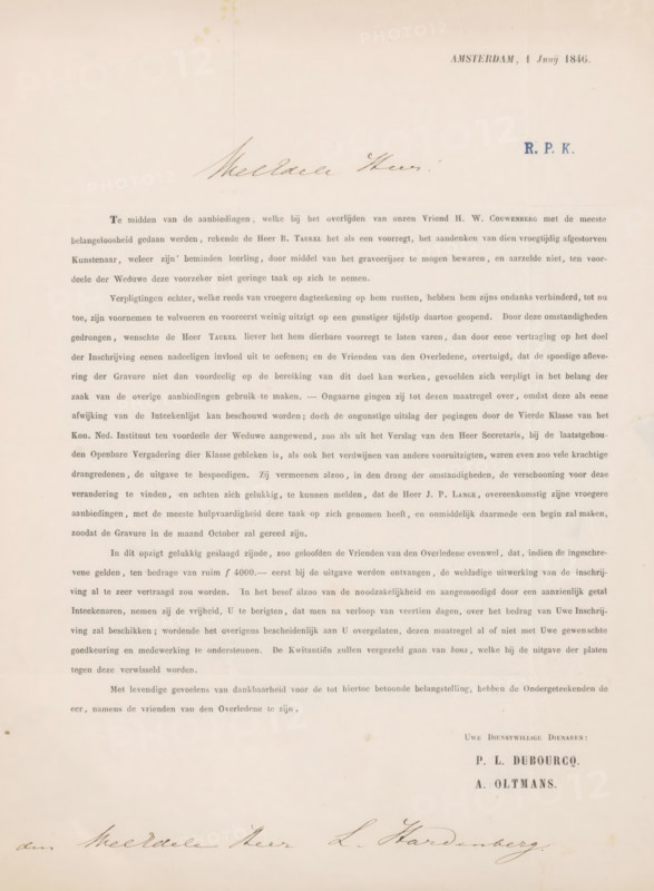 Letter to Lambertus Hardenberg (1822-1900), letter, writer (clerical worker): Pierre Louis Dubourcq, Amsterdam, writer (clerical worker): Alexander Oltmans, 1846-06-01, writer (clerical worker), materials by function, paper, ink, printing, writing (processes), pen, height 425 mm x width 425 mm, Person, Henricus Wilhelmus Couwenberg, Johannes Philippus Lange, Benoit Taurel, Lambertus Hardenberg (1822-1900), the graphic arts, money, A large sheet of aged paper with a centered block of small printed lines in a faded gray tone near the top and middle, a larger cursive signature in flowing dark ink across the top center, a smaller stamped rectangle of darker ink to the right, and several additional lines of printed text in lighter gray continuing down the page, with a bold printed name cluster near the lower right and a long horizontal cursive signature in dark ink along the bottom edge; the paper shows light discoloration and spots near the top and along the edges.