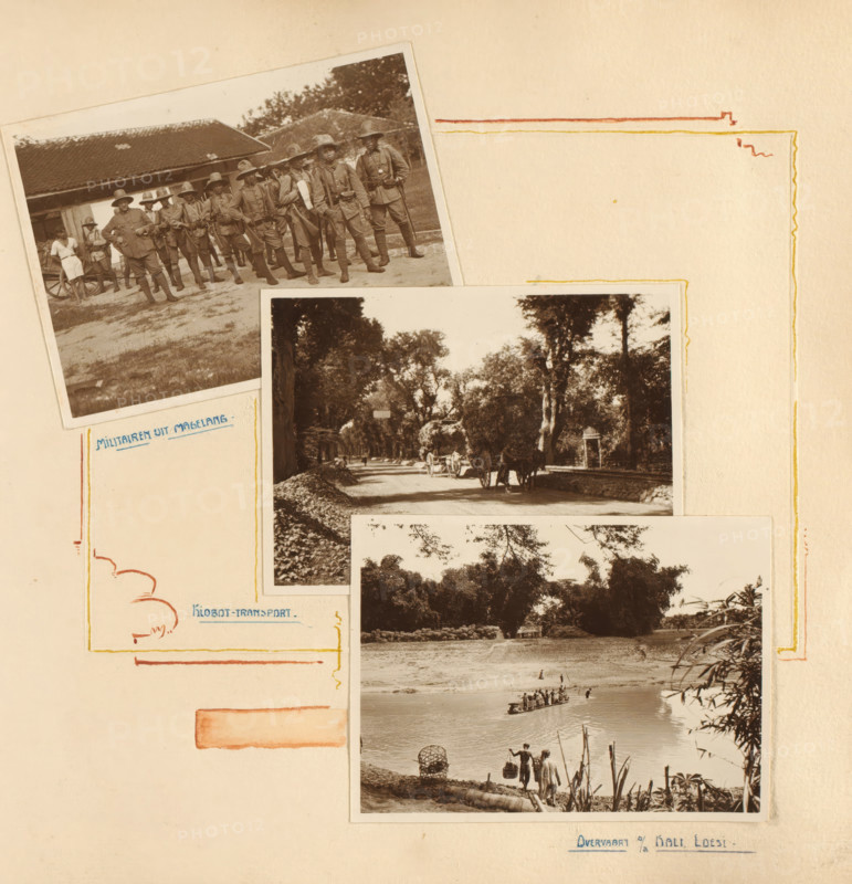 Soldiers and transport at Grobogan, album page, photograph, Album page with three photos of soldiers, a transport of kiobot, and the crossing of a river at Grobogan. The page is decorated with borders around the photos. Part of the photo album presented to J. Habbema by the Internal Administration Corps of the Grobogan Regency, upon the termination of his administration of the Regency, probably in 1928., Grobogan, 1910 - 1928, photographer, draftsman (artist), Java, Central Java, paper, daylight gelatin silver print, drawing, height 240 mm x width 240 mm, Person, KNIL, J. Habbema, Grobogan Regency, the soldier, the soldier's life, river, transport, train (military), traffic and transport, overseas history, Period, A beige album page with decorative colored border lines contains three black-and-white photographs arranged vertically; the top photograph shows a group of uniformed men wearing helmets standing in front of a building with a tiled roof, one figure in light clothing stands bes...
